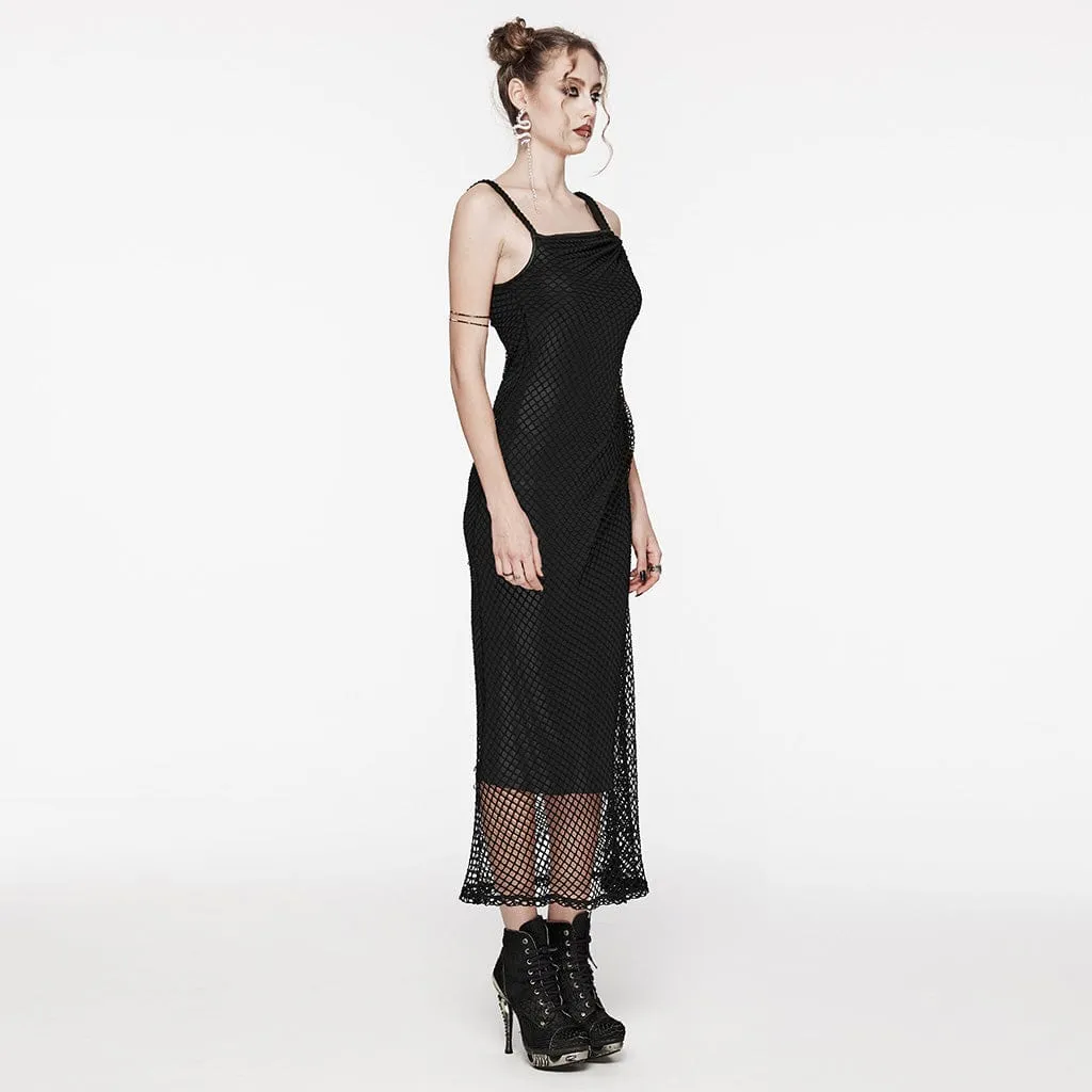 Women's Gothic Mesh Splice Drawstring Slip Dress Black