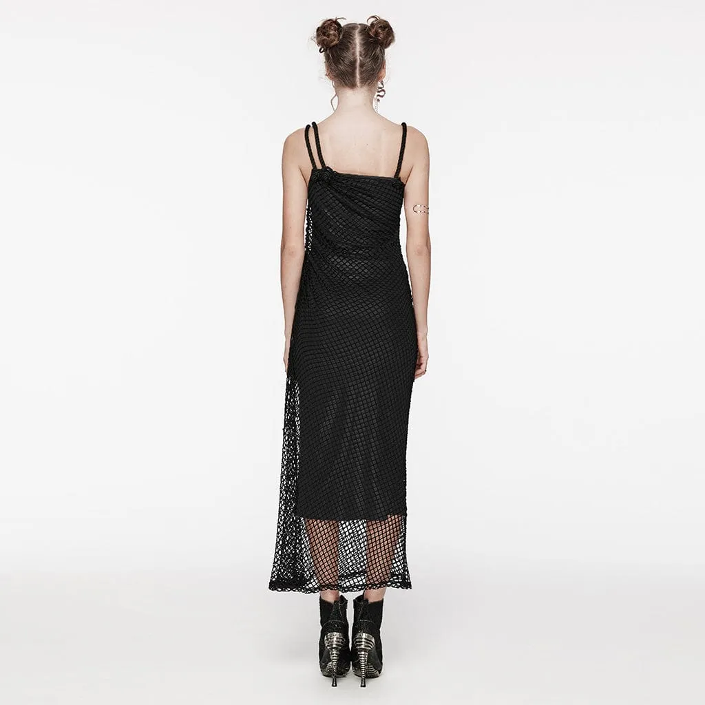 Women's Gothic Mesh Splice Drawstring Slip Dress Black