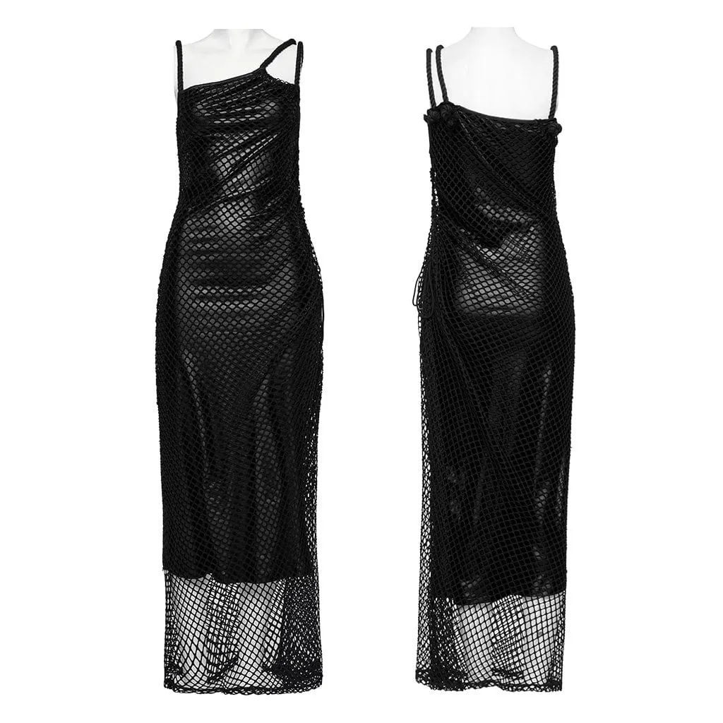 Women's Gothic Mesh Splice Drawstring Slip Dress Black