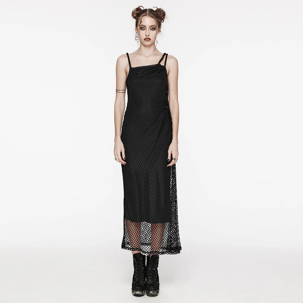 Women's Gothic Mesh Splice Drawstring Slip Dress Black