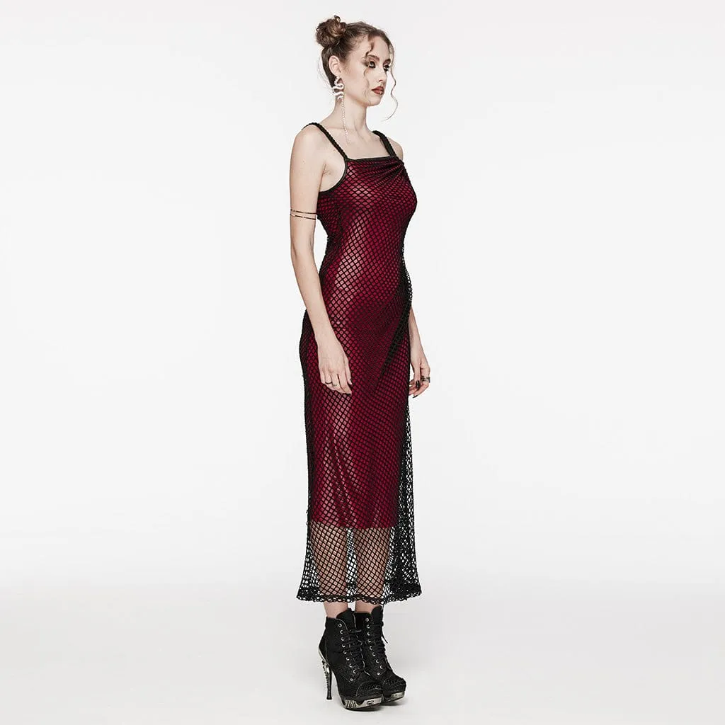 Women's Gothic Mesh Splice Drawstring Slip Dress Red