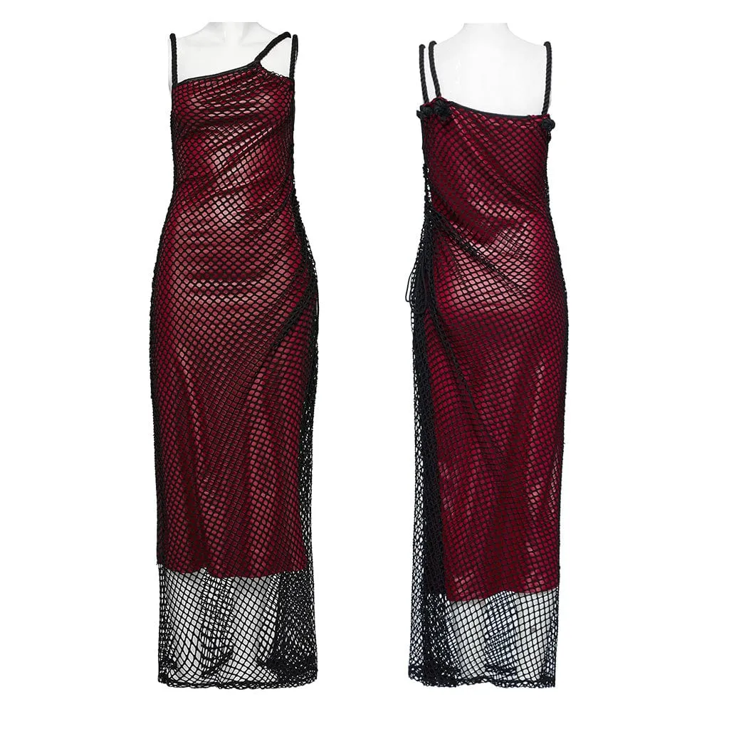 Women's Gothic Mesh Splice Drawstring Slip Dress Red