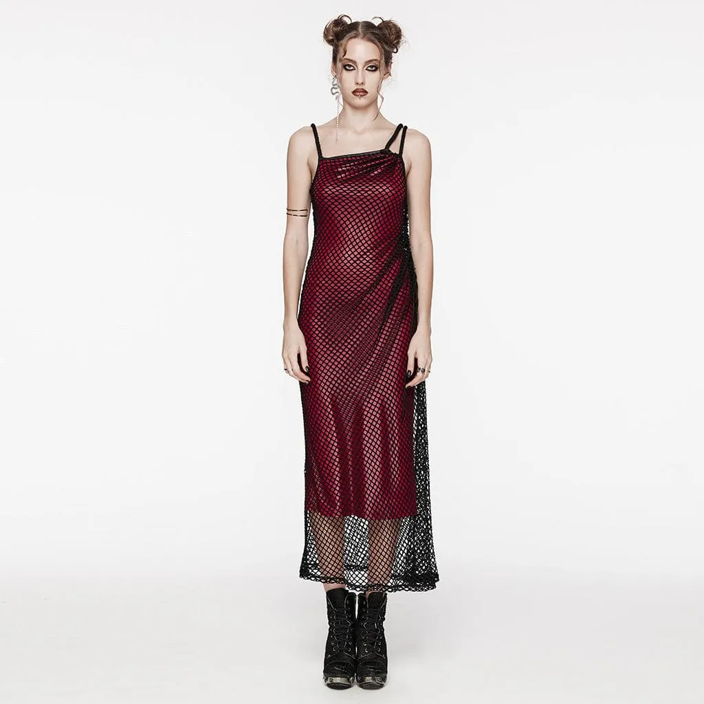 Women's Gothic Mesh Splice Drawstring Slip Dress Red