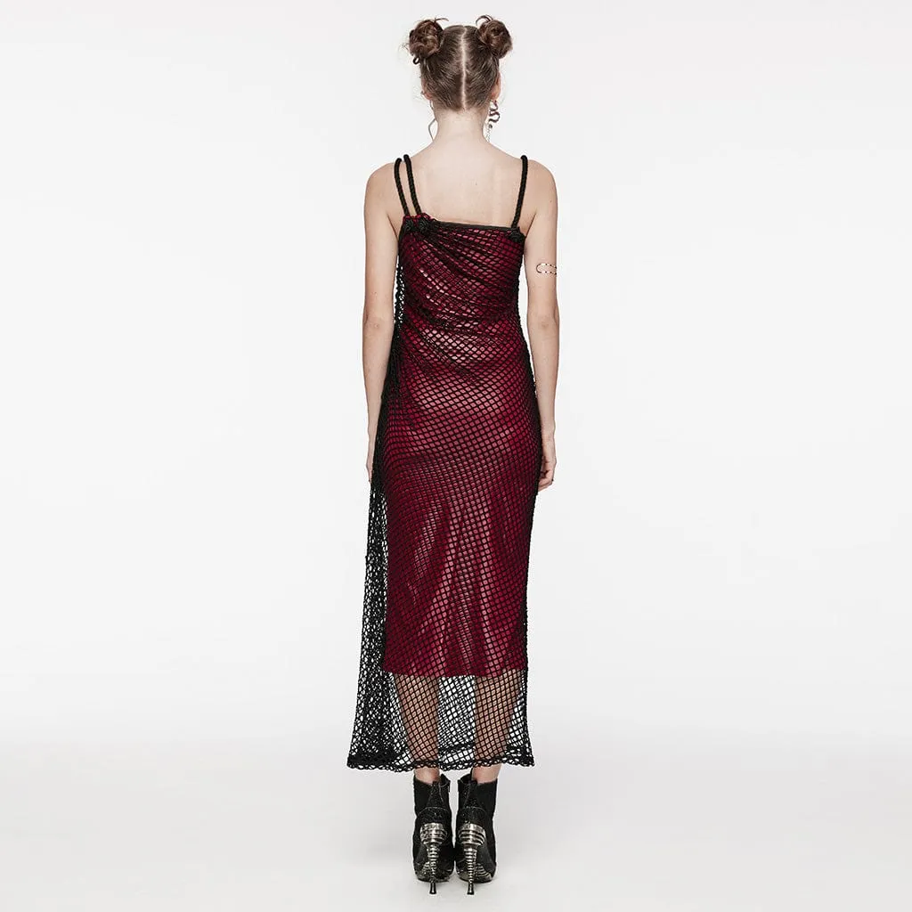 Women's Gothic Mesh Splice Drawstring Slip Dress Red