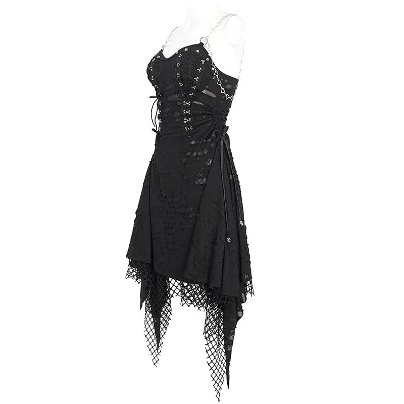 Women's Gothic Mesh Stud Ripped Hem Slip Dress