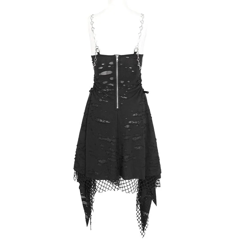 Women's Gothic Mesh Stud Ripped Hem Slip Dress