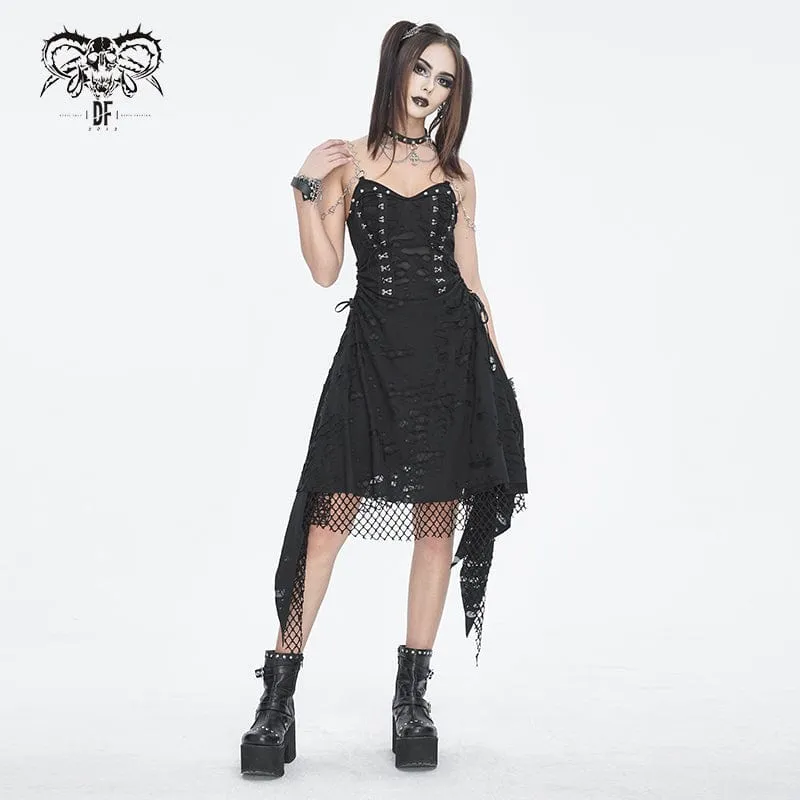 Women's Gothic Mesh Stud Ripped Hem Slip Dress