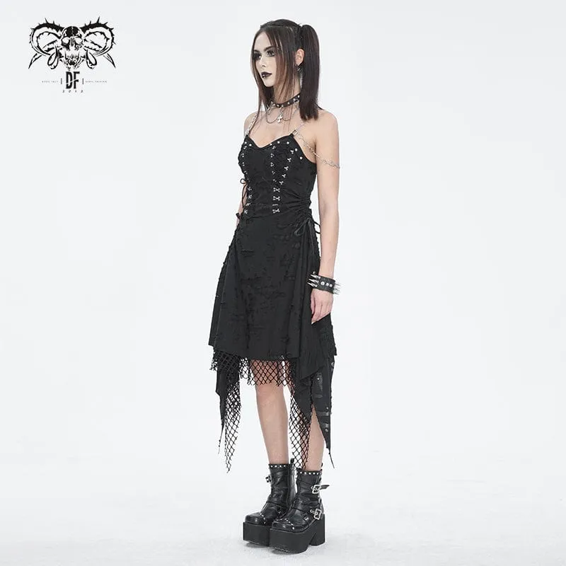 Women's Gothic Mesh Stud Ripped Hem Slip Dress