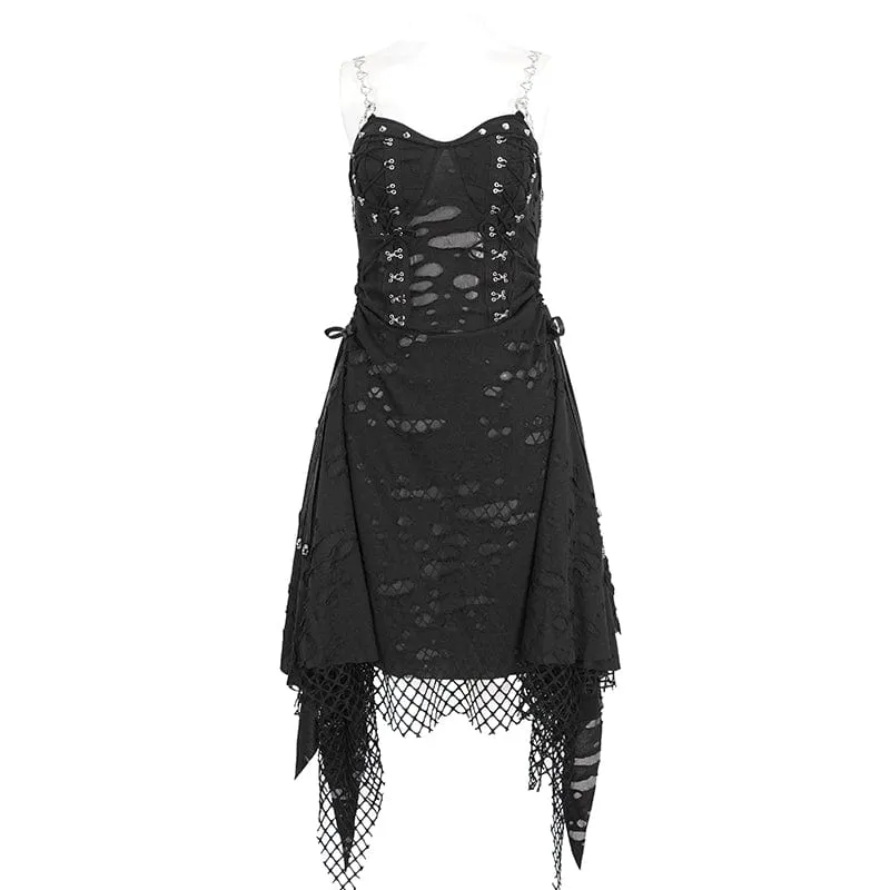 Women's Gothic Mesh Stud Ripped Hem Slip Dress