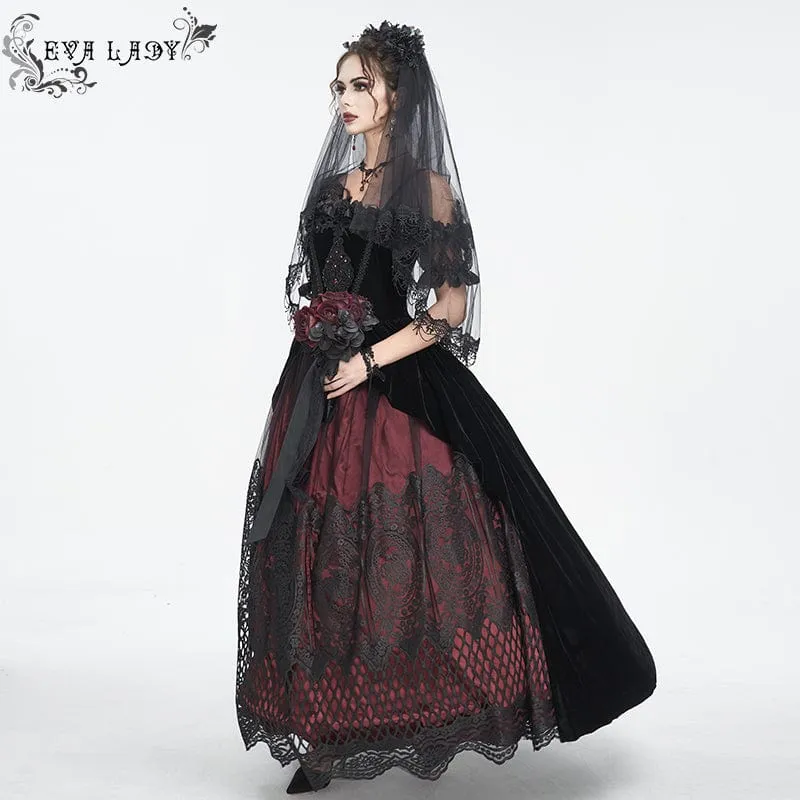 Women's Gothic Off Shoulder Rose Beaded Velvet Red Dress