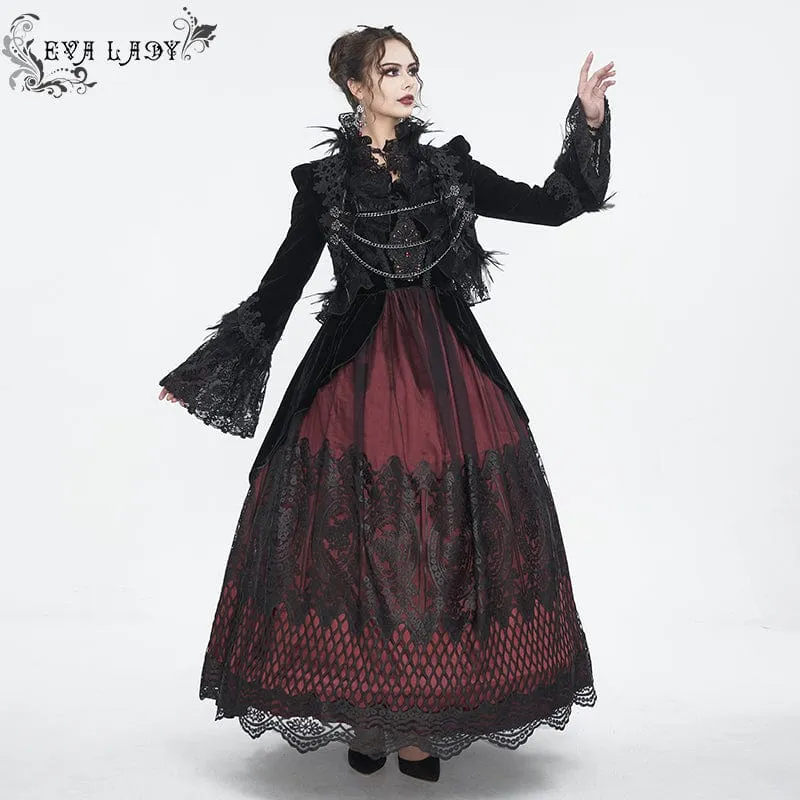 Women's Gothic Off Shoulder Rose Beaded Velvet Red Dress