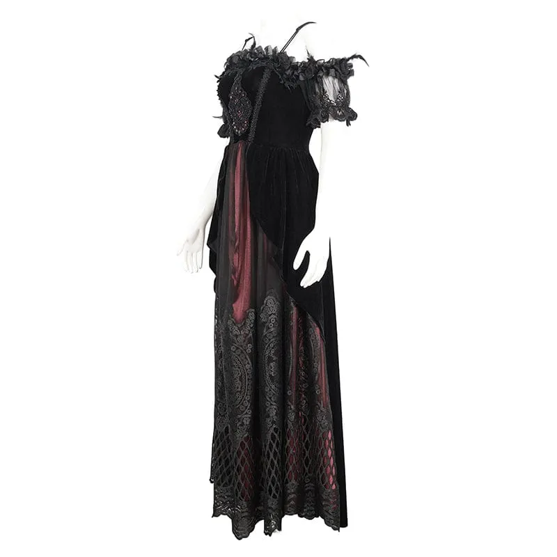 Women's Gothic Off Shoulder Rose Beaded Velvet Red Dress