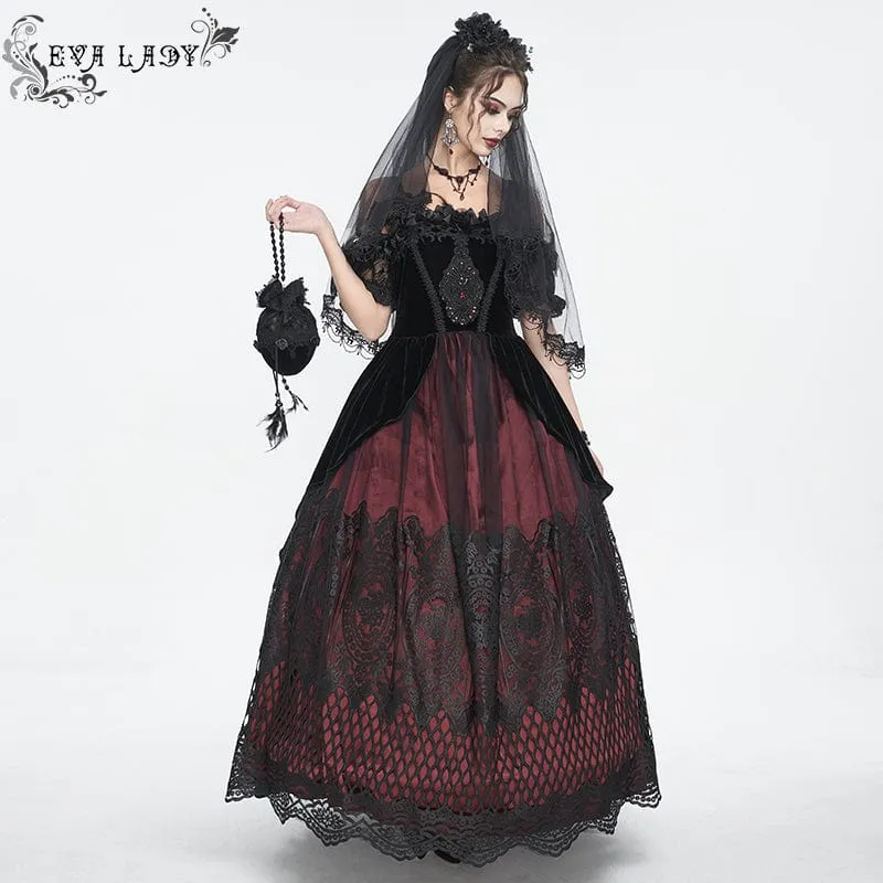 Women's Gothic Off Shoulder Rose Beaded Velvet Red Dress