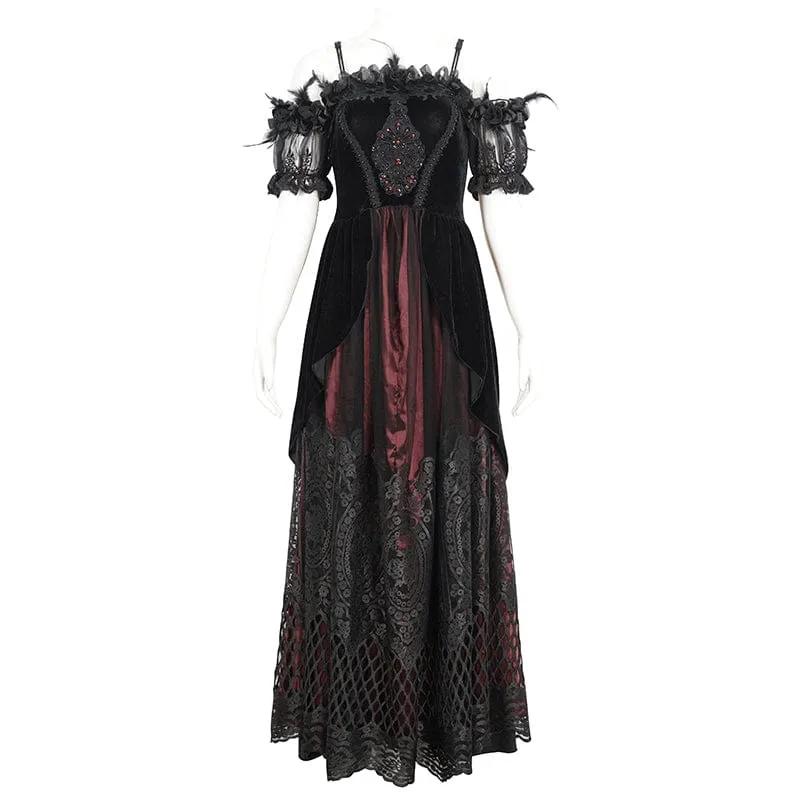 Women's Gothic Off Shoulder Rose Beaded Velvet Red Dress