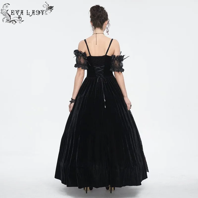 Women's Gothic Off Shoulder Rose Beaded Velvet Red Dress