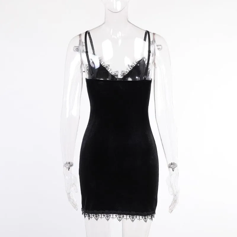 Women's Gothic Plunging Lace Splice Velvet Slip Dress