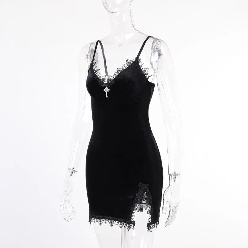 Women's Gothic Plunging Lace Splice Velvet Slip Dress