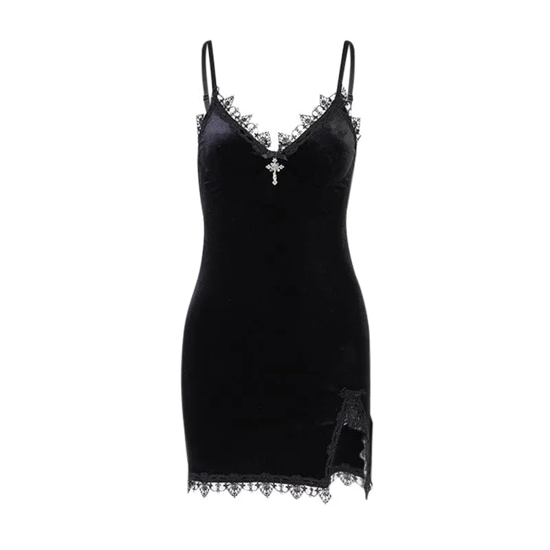 Women's Gothic Plunging Lace Splice Velvet Slip Dress