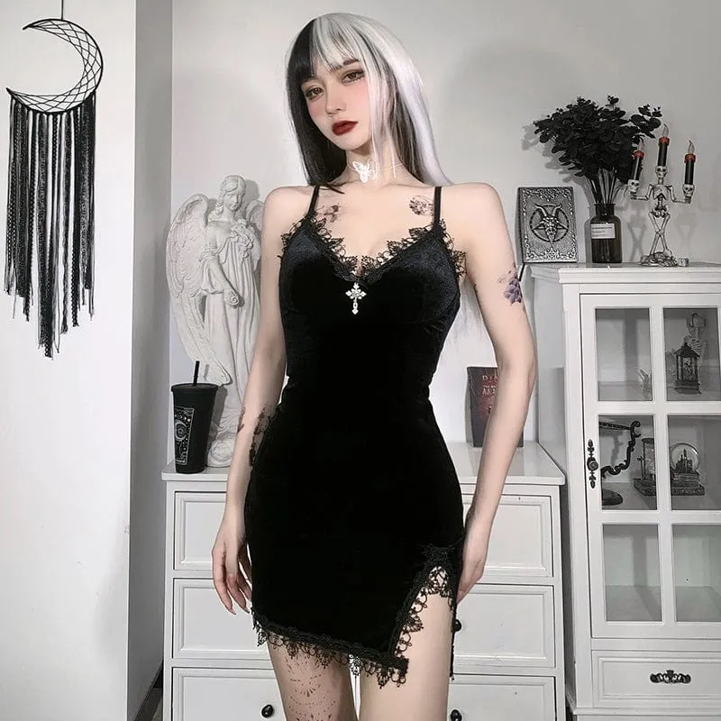 Women's Gothic Plunging Lace Splice Velvet Slip Dress