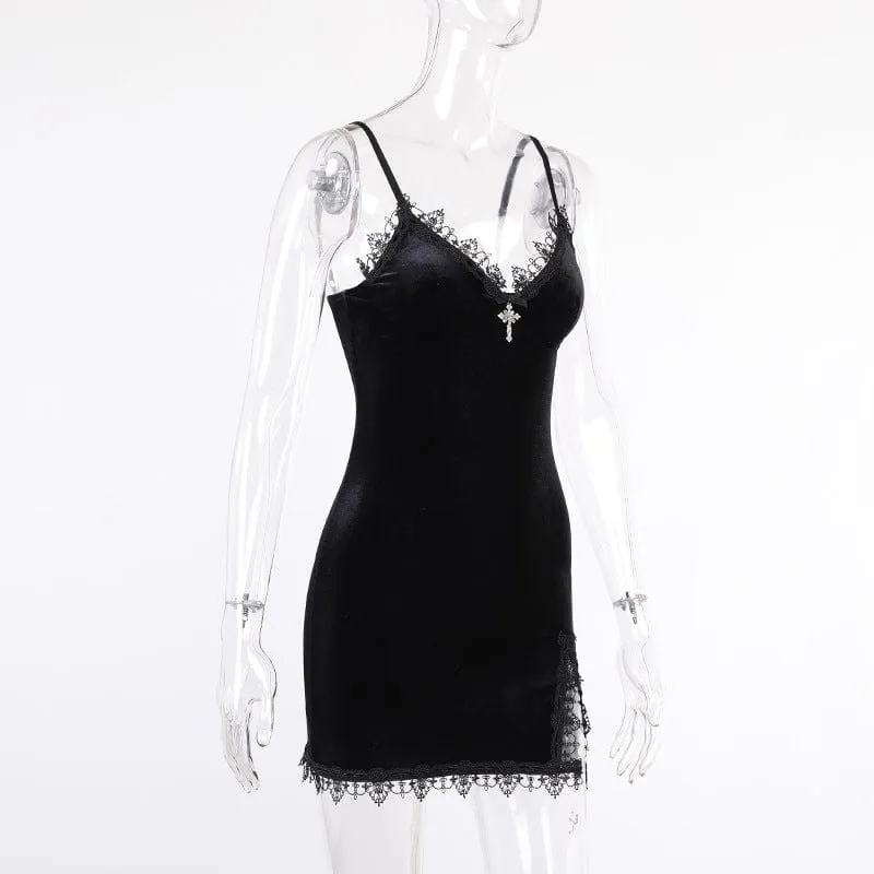 Women's Gothic Plunging Lace Splice Velvet Slip Dress