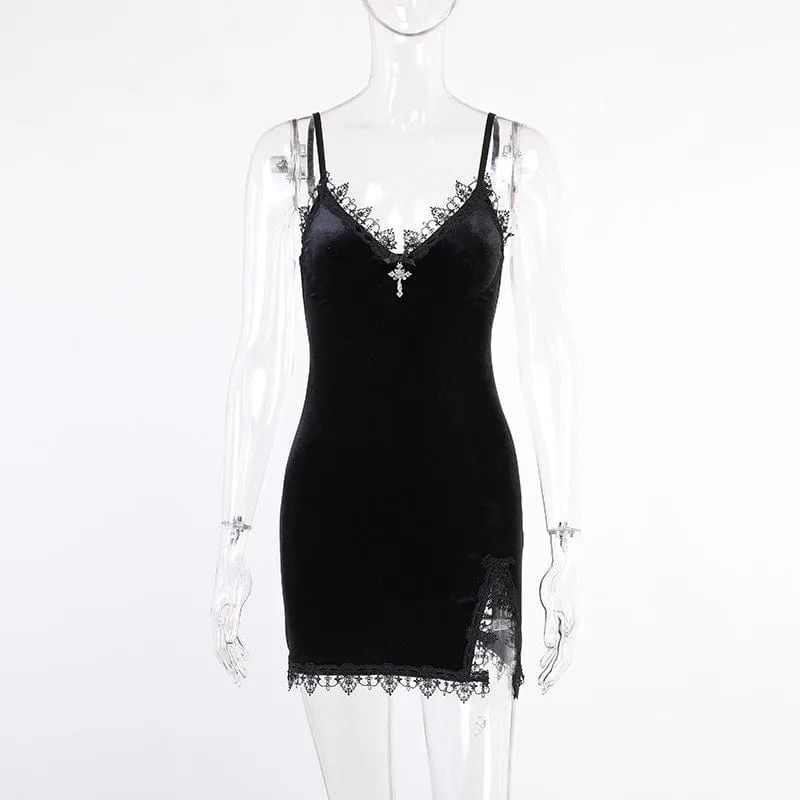 Women's Gothic Plunging Lace Splice Velvet Slip Dress