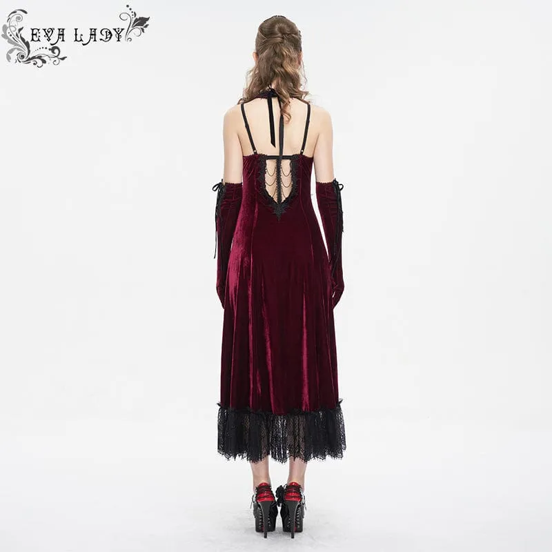 Women's Gothic Plunging Lace-up Lace Hem Slip Wedding Dress Red