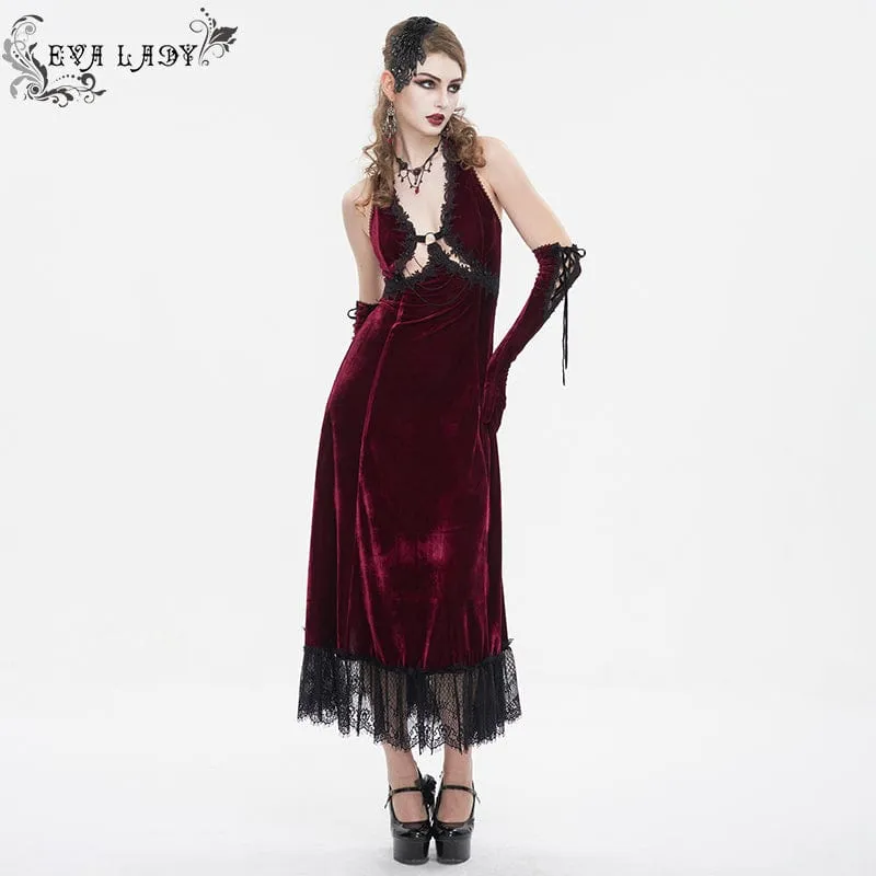 Women's Gothic Plunging Lace-up Lace Hem Slip Wedding Dress Red