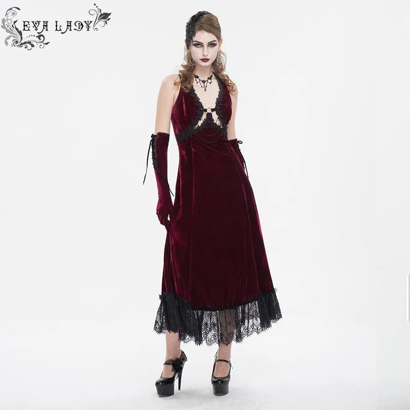 Women's Gothic Plunging Lace-up Lace Hem Slip Wedding Dress Red