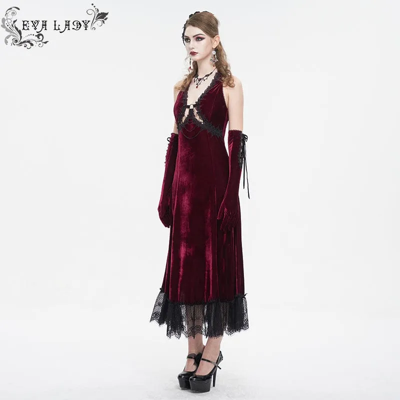 Women's Gothic Plunging Lace-up Lace Hem Slip Wedding Dress Red