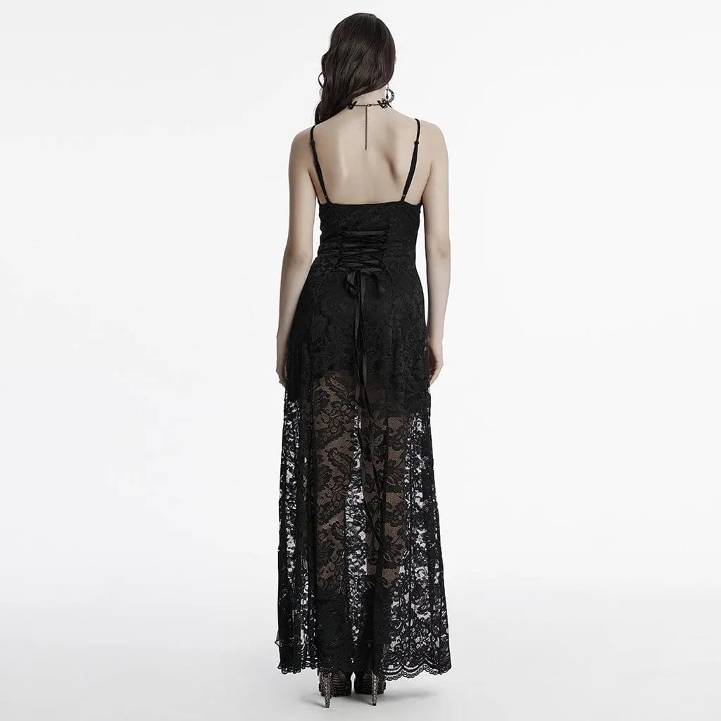 Women's Gothic Plunging Split Lace Evening Slip Dress