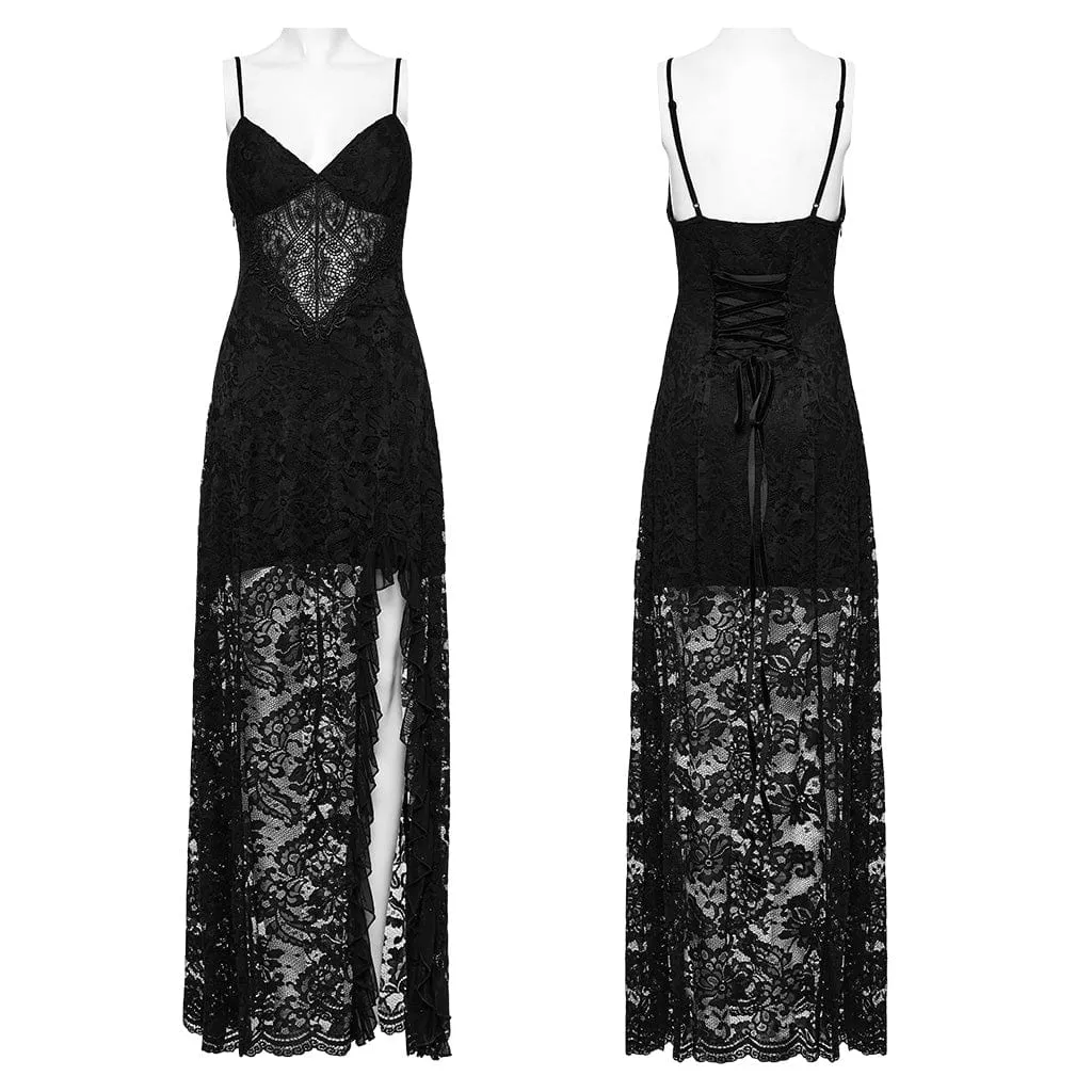 Women's Gothic Plunging Split Lace Evening Slip Dress