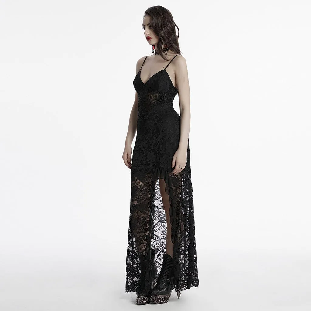 Women's Gothic Plunging Split Lace Evening Slip Dress