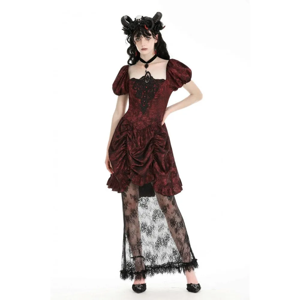 Women's Gothic Puff Sleeved Lace Splice Red Prom Dress