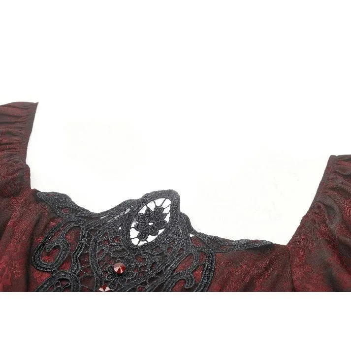 Women's Gothic Puff Sleeved Lace Splice Red Prom Dress