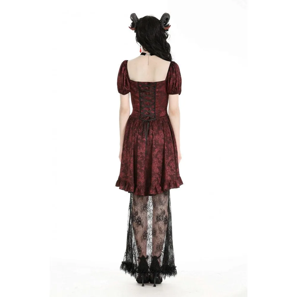 Women's Gothic Puff Sleeved Lace Splice Red Prom Dress