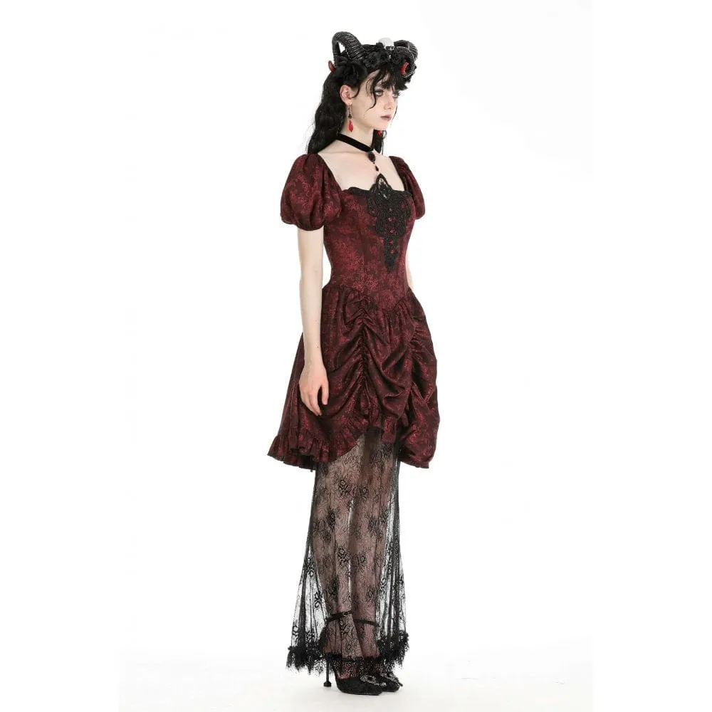 Women's Gothic Puff Sleeved Lace Splice Red Prom Dress