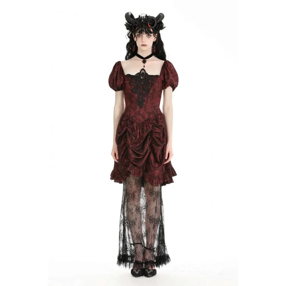 Women's Gothic Puff Sleeved Lace Splice Red Prom Dress