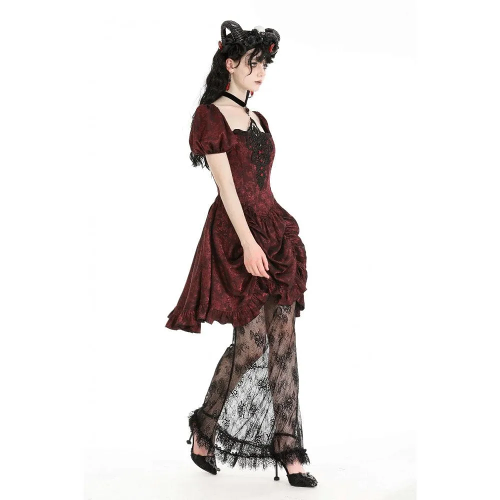 Women's Gothic Puff Sleeved Lace Splice Red Prom Dress