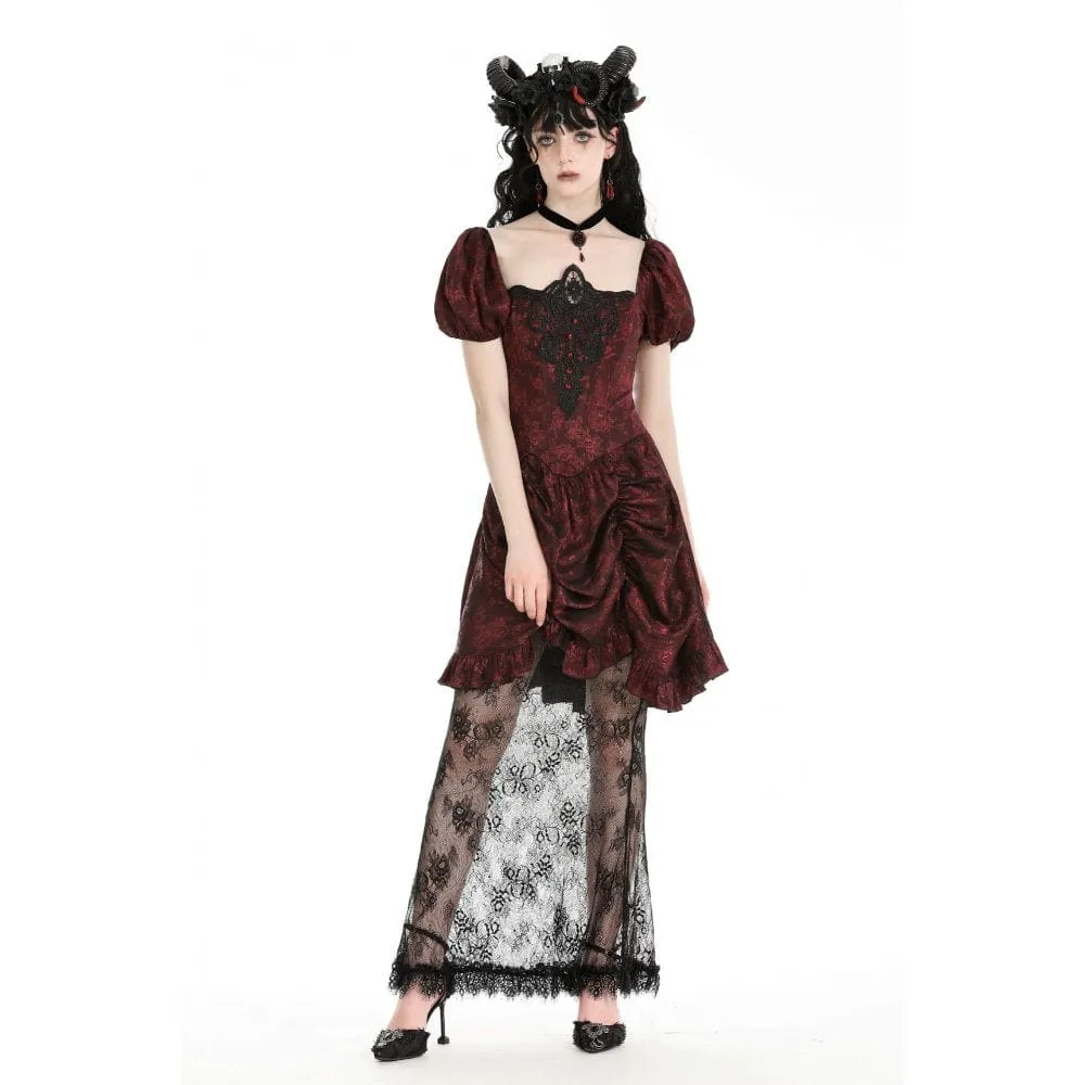 Women's Gothic Puff Sleeved Lace Splice Red Prom Dress