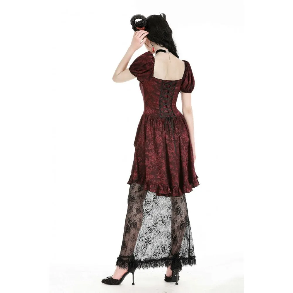 Women's Gothic Puff Sleeved Lace Splice Red Prom Dress