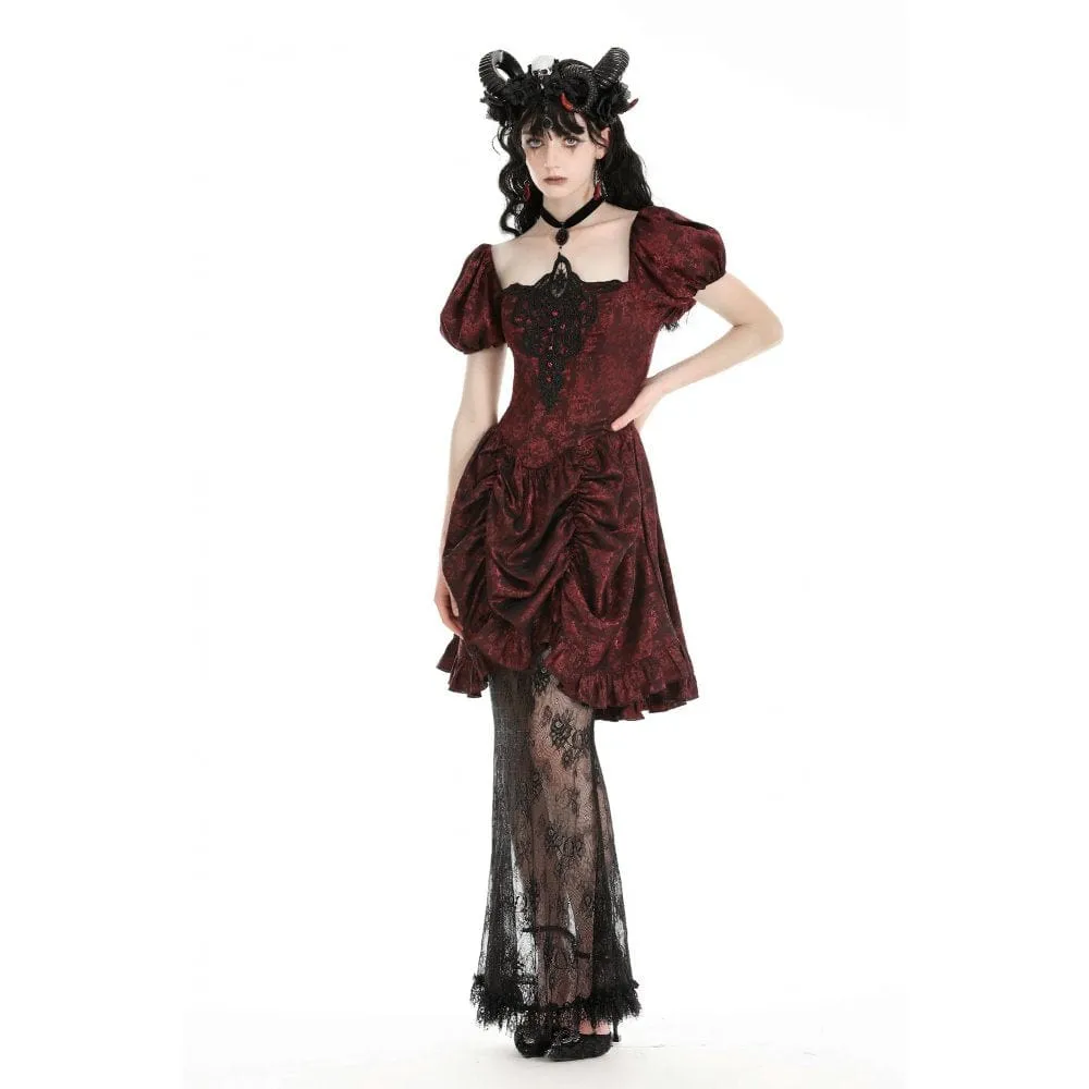 Women's Gothic Puff Sleeved Lace Splice Red Prom Dress