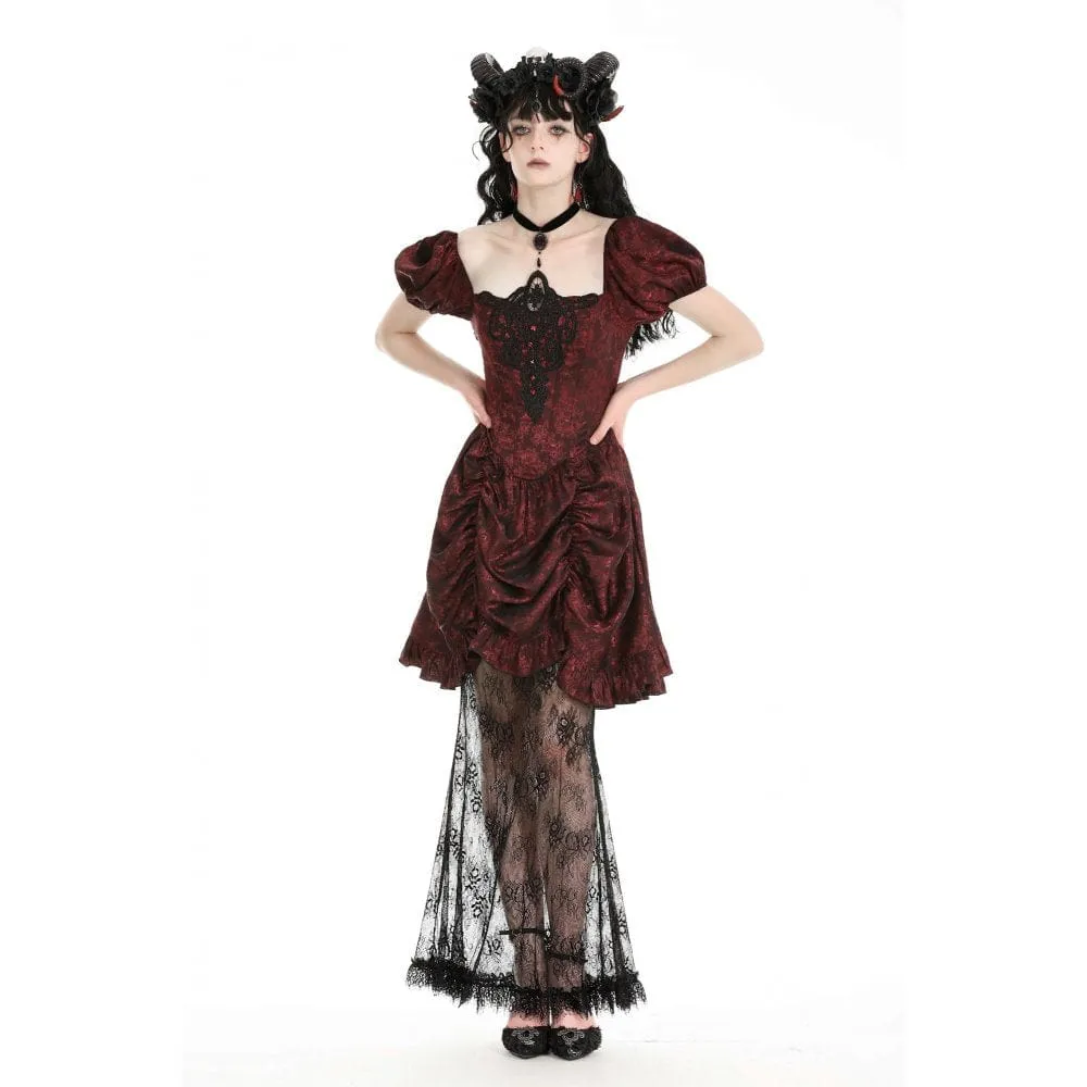 Women's Gothic Puff Sleeved Lace Splice Red Prom Dress