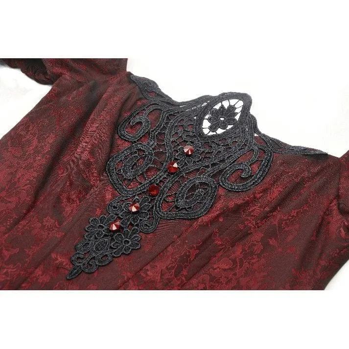 Women's Gothic Puff Sleeved Lace Splice Red Prom Dress