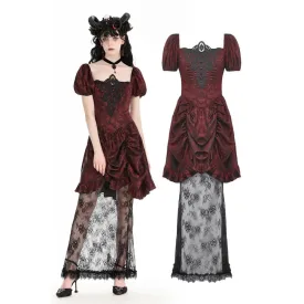 Women's Gothic Puff Sleeved Lace Splice Red Prom Dress