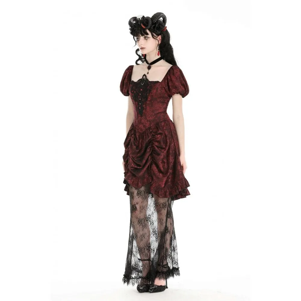 Women's Gothic Puff Sleeved Lace Splice Red Prom Dress