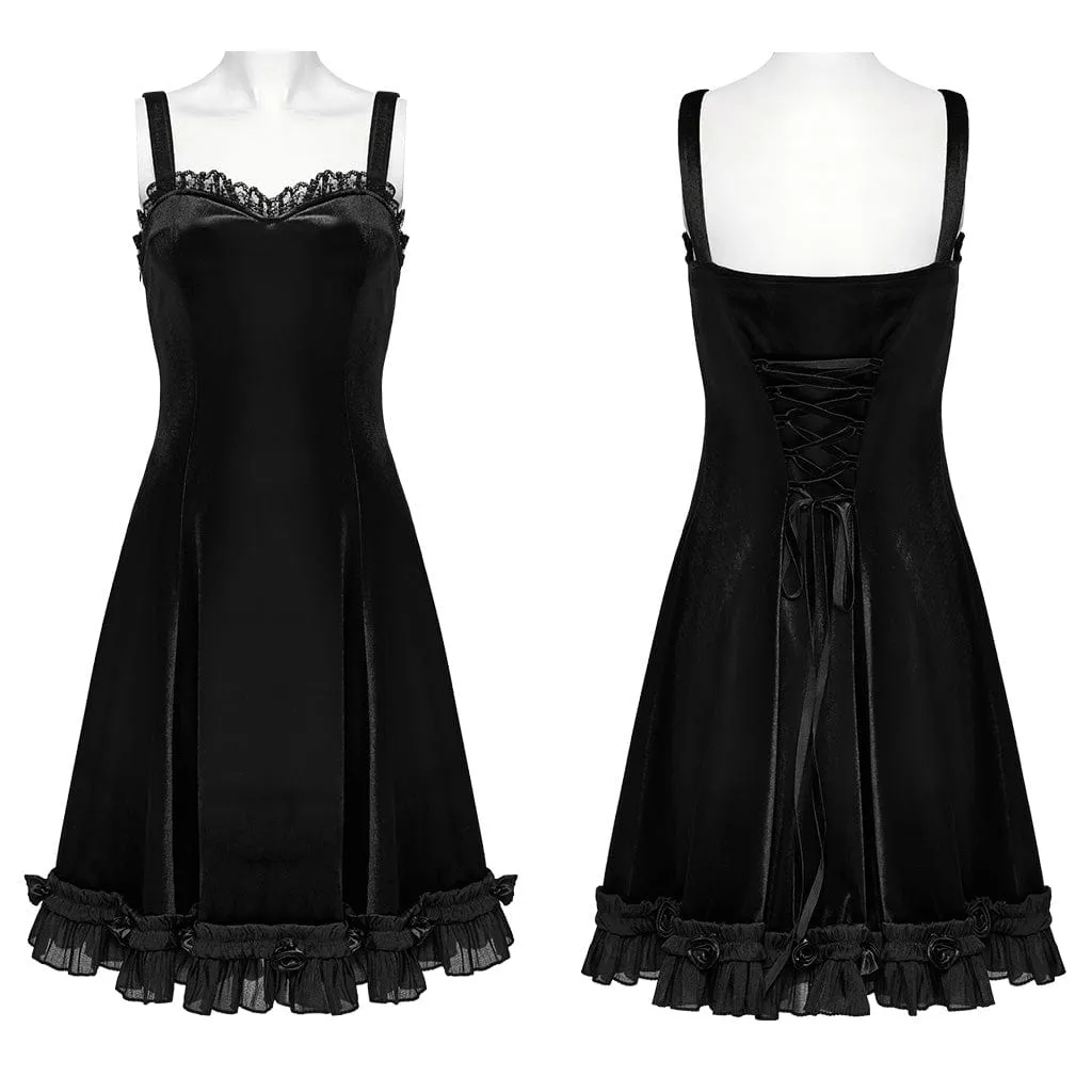 Women's Gothic Ruffled Lace Splice Gradient Velvet Slip Dress