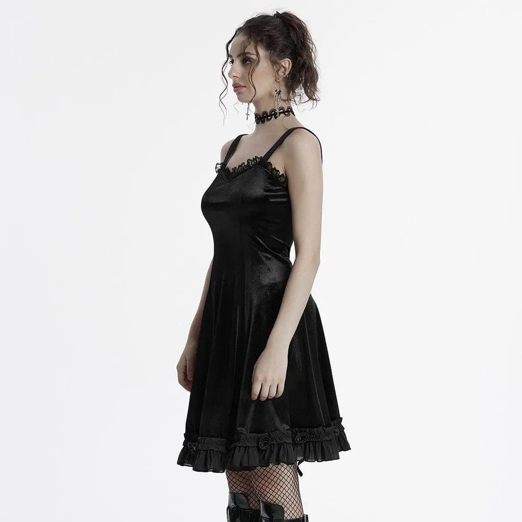 Women's Gothic Ruffled Lace Splice Gradient Velvet Slip Dress