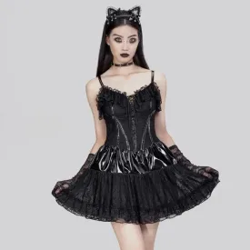 Women's Gothic Ruffled Lace Splice Patent Leather Slip Dress