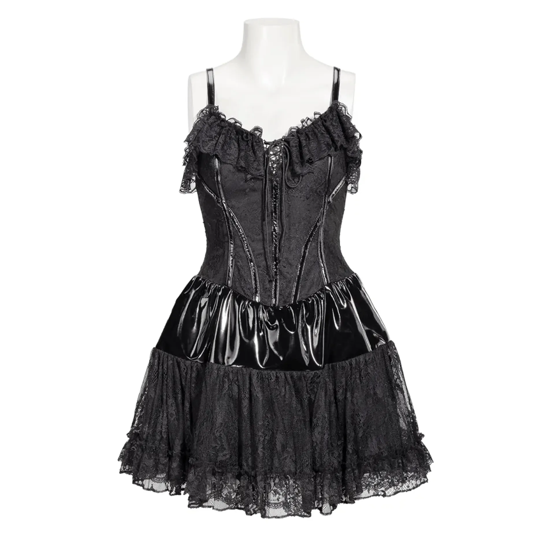 Women's Gothic Ruffled Lace Splice Patent Leather Slip Dress