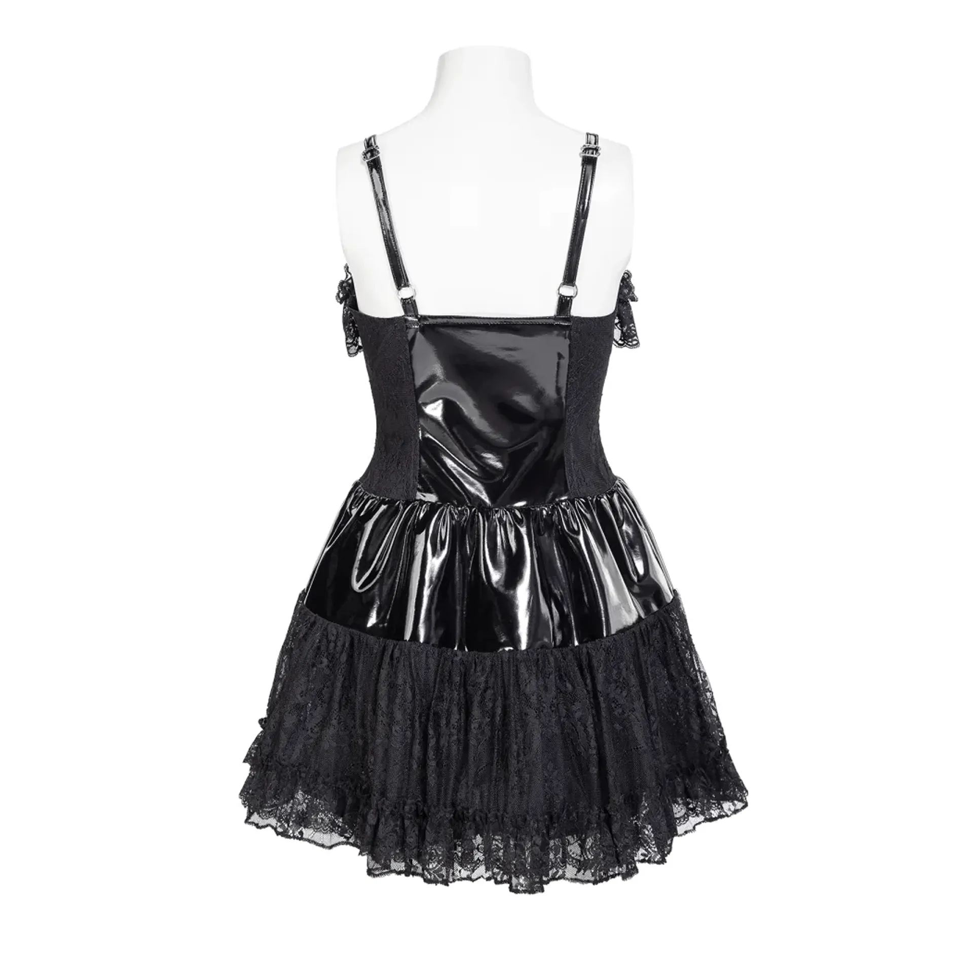 Women's Gothic Ruffled Lace Splice Patent Leather Slip Dress